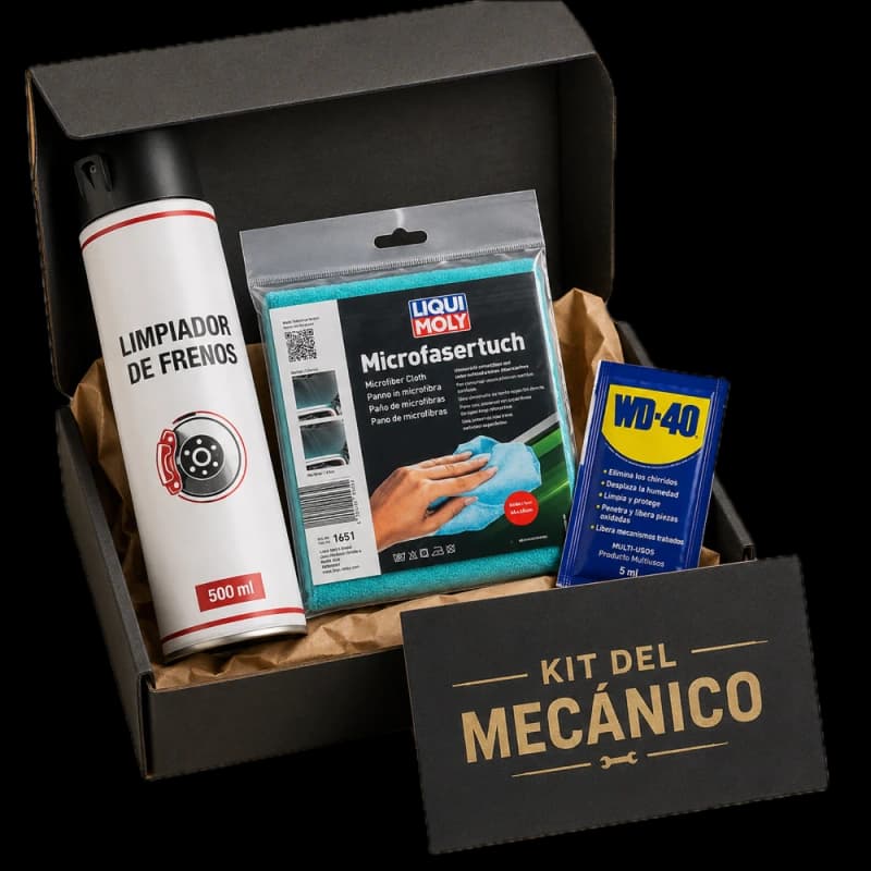 Kit del Mecánico: spray limpiador de frenos, paño de microfibras y WD-40 en su caja