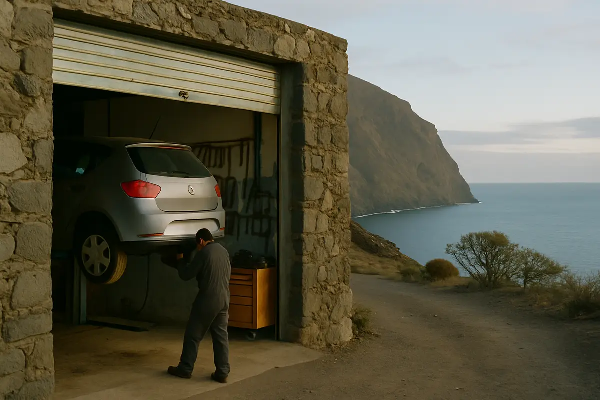 Taller de reparación con un coche en el elevador, en un paisaje de El Hierro