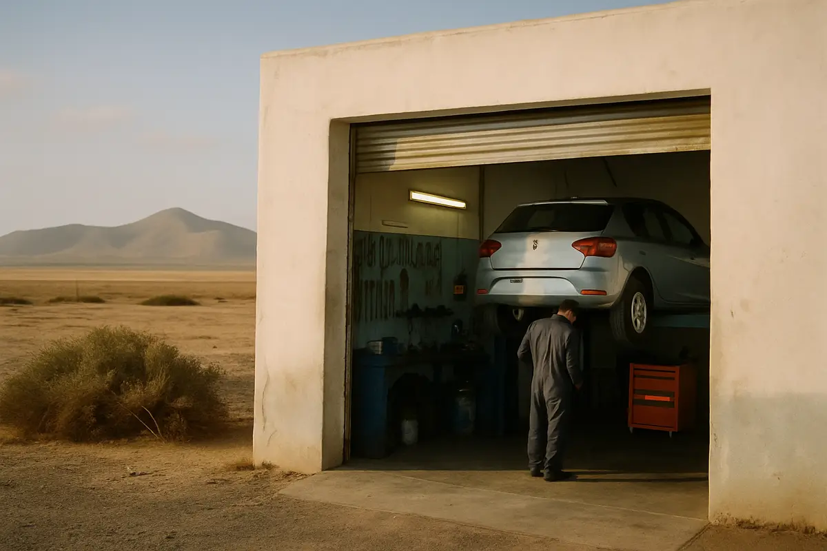 Taller de reparación con un coche en el elevador, en un paisaje de Fuerteventura
