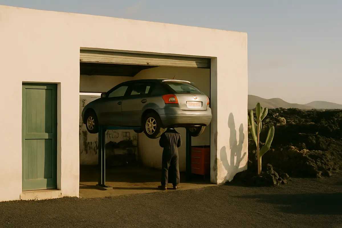 Taller de reparación con un coche en el elevador, en un paisaje de Lanzarote